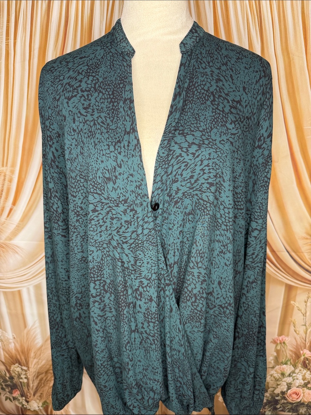 knot sisters Teal and Black Patterned Surplice Blouse